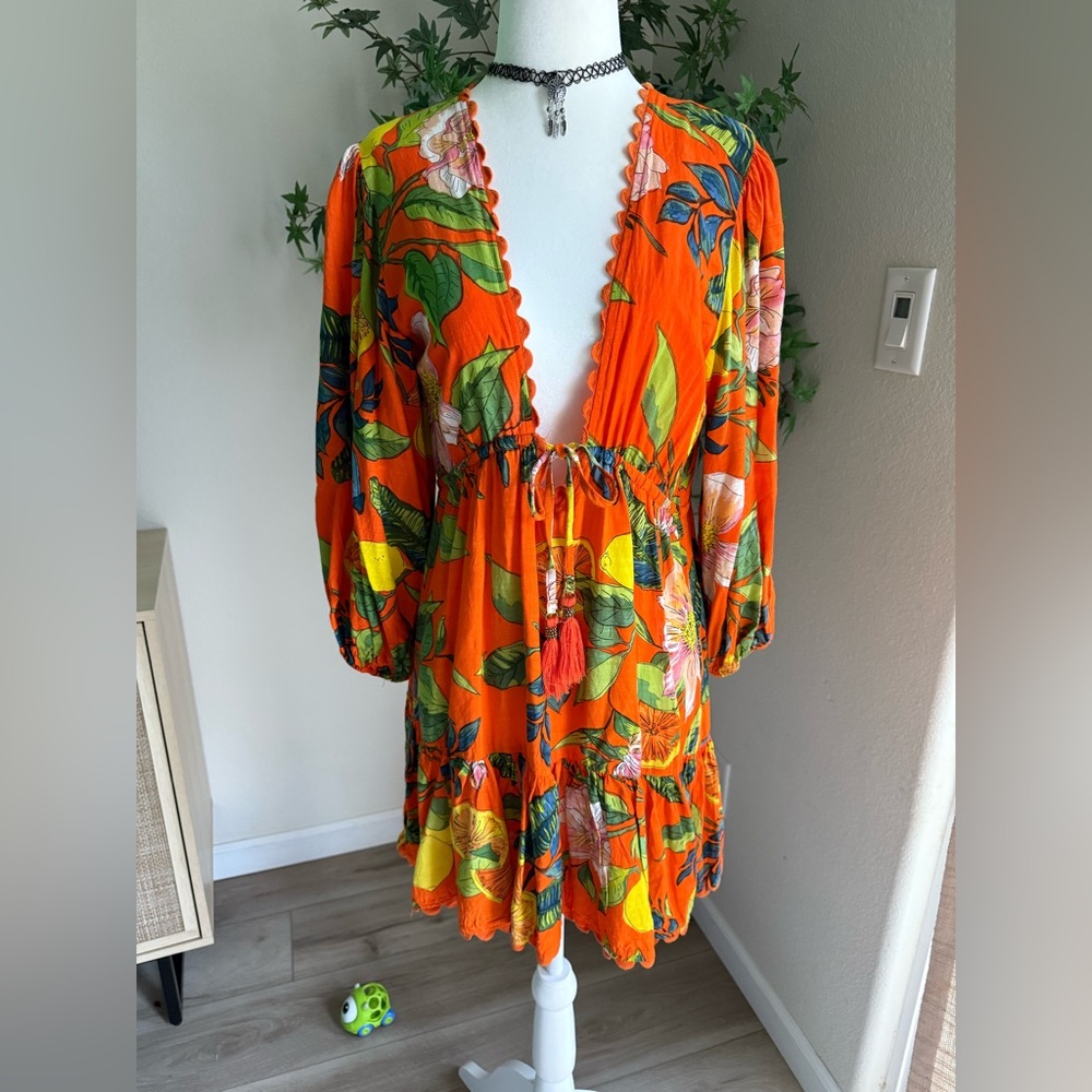 Blue Island Boho Floral Plunge Mini Dress — Orange — Size Small